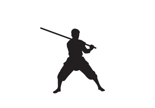 Gatka Martial Arts Warrior Silhouette with Wooden Staff Traditional Sikh Fighting Vector