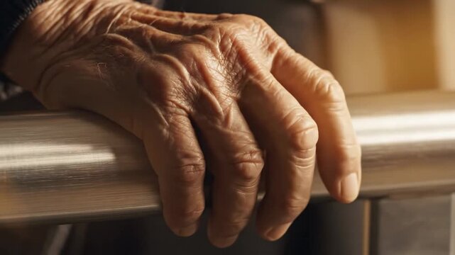Close up of an elderly hand resting on a railing in a dimly lit area inside a building