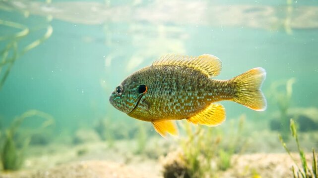 green sunfish underwater close up at morning light in freshwater lake video