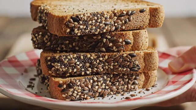 Close up of a stack of healthy multi-grain seed bread slices on a red and white checkered plate
