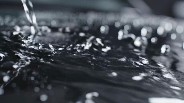 Water droplets form on a flat surface in a close-up shot during morning hours