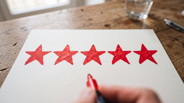 Close-Up of Person Hand Drawing Five Red Stars on White Paper Sheet with Marker on Wooden Table, Customer Feedback and Top Rating Score Concept for Business Quality Assessment and Excellence.