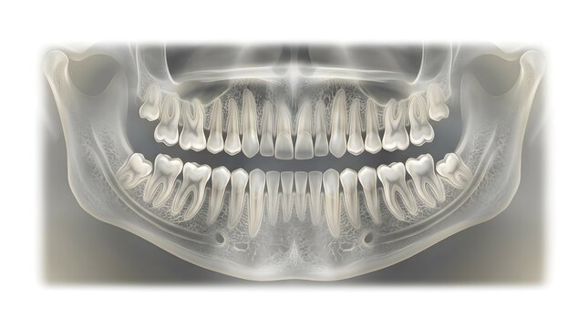 Panoramic dental xray showing human teeth and jaw structure