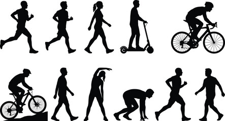 Obraz premium Sports Activity Silhouette Collection with Running Walking Cycling and Scooter Poses Isolated on White Background
