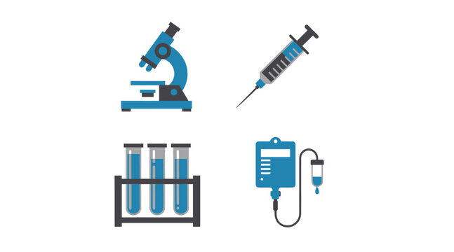 Medical laboratory equipment icons including microscope test tubes syringe and IV drip.