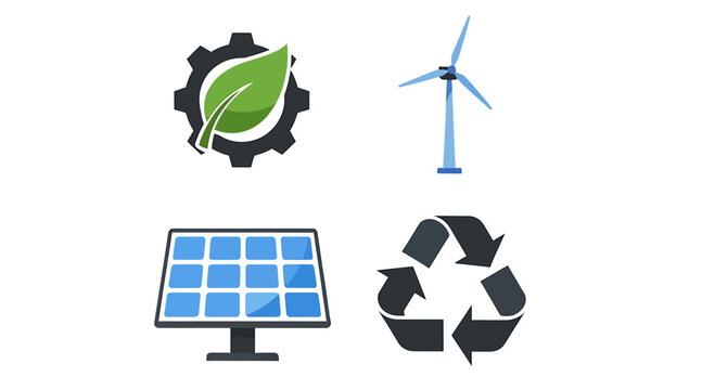 Renewable Energy Icons Set Featuring Wind Turbine Solar Panel Recycling Symbol and Gear Leaf.