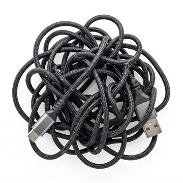 Tangled black USB C and USB A charging cable on a white background Silhouette