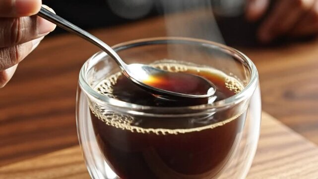 Close up of a hand stirring hot coffee with a spoon in a double-walled glass cup on a wooden surface