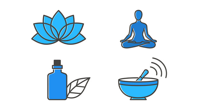 Set of four blue icons representing wellness and meditation.