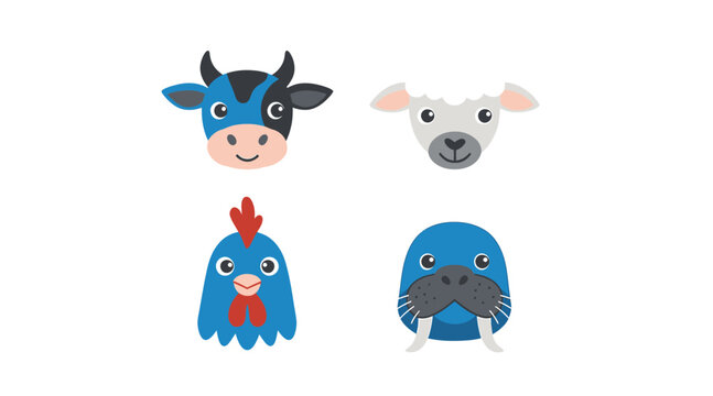 Set of four cute cartoon animal faces including a cow chicken sheep and walrus.