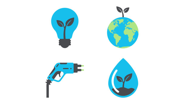 Set of four icons representing eco-friendly energy and sustainability concepts.