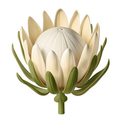 Fototapeta premium White King Protea Flower Botanical Illustration Realistic Cream Protea Floral Art Isolated on White Background