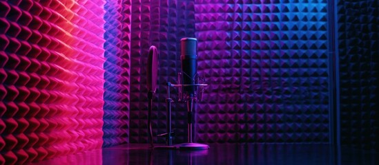 Microphone on stand against neon pink and blue soundproof foam walls © AndiAzis