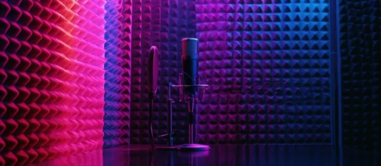 Microphone on stand against neon pink and blue soundproof foam walls © AndiAzis