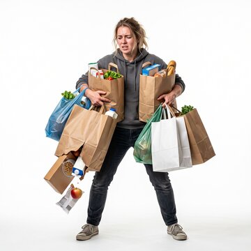 Overwhelmed woman struggling with heavy grocery bags spilling contents on white background Silhouette