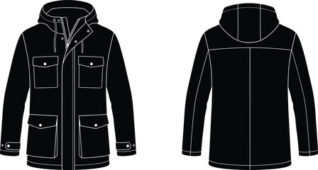 Black silhouette of a hooded winter parka jacket with multiple cargo pockets from front and back views. © Ashrat