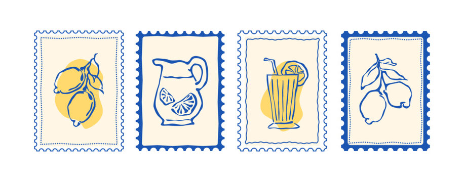 Set of stamp frames postcard and postage edge ticket with glass, lemon, lemonade. Vector postal shape. Zigzag photo badge with post mail paper and template border card. Square design stamp
