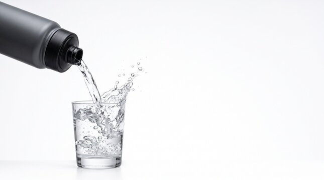 Water being poured from a dark gray bottle into a clear glass creating a splash and bubbles Silhouette