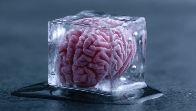 Miniature pink human brain encased in a clear rapper on dark surface