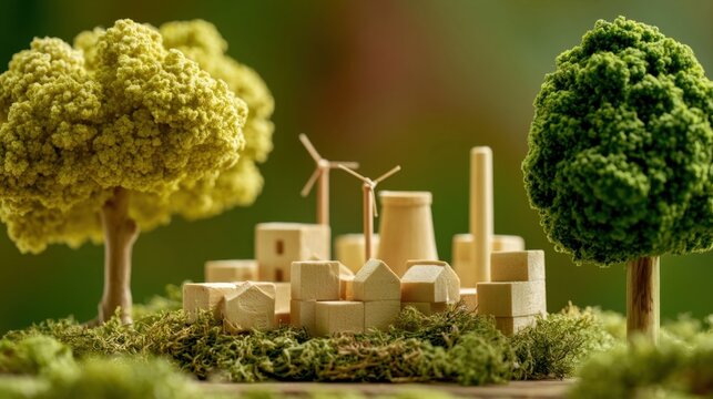 Miniature wooden industrial site model with wind turbine and cooling tower among sculpted trees