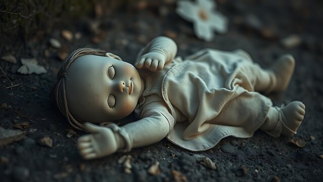 A soiled cloth doll lying on the ground, showing signs of wear.