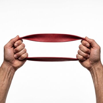 Hands stretching a red resistance band against a white background demonstrating strength and fitness Silhouette