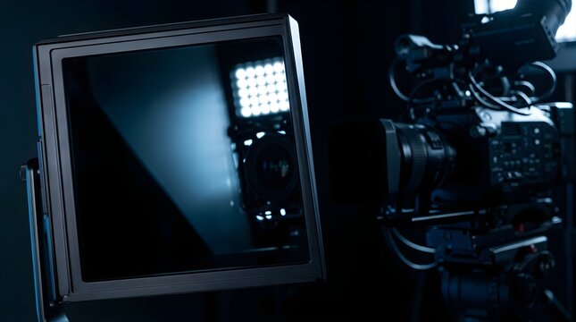 Professional teleprompter screen with cinematic video camera in studio