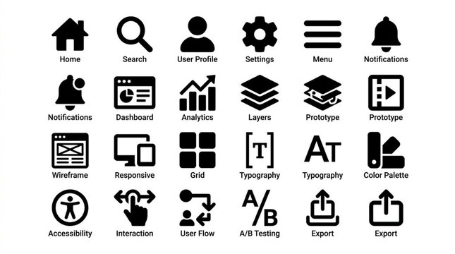 Essential User Interface Line Icons Collection &ndash; Home, Search, User, Settings, Notification, Menu, Calendar, Analytics, Email, Code, Cursor, Dashboard, Typography, Share, Download, Chat Outline Vector