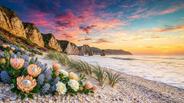 Beautiful Sunset Beach View with Coastal Flowers and Dramatic Ocean Cliffs During Golden Hour