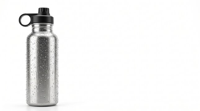 Stainless steel water bottle with condensation droplets and black cap isolated on white background Silhouette