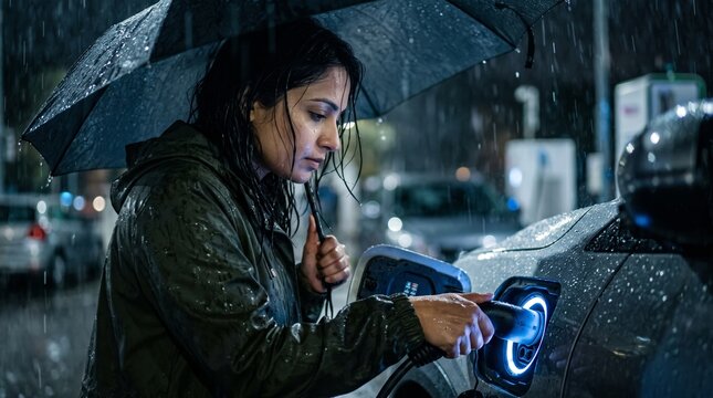 A woman holding an umbrella firmly plugs a brightly glowing blue charging cable into her electric vehicle during a heavy nighttime rainstorm.