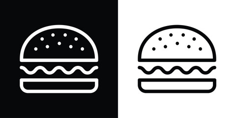Fototapeta premium Burger Icon, Minimalist Representation: A clean, minimalist line icon of a classic burger, presented in both black and white versions against contrasting backgrounds.