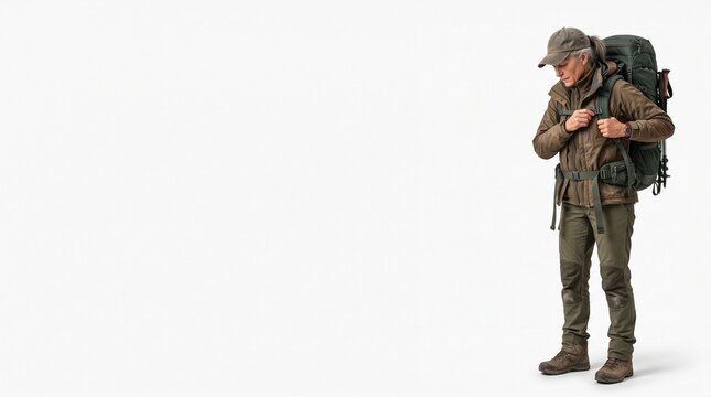 Experienced hiker with backpack and trekking poles adjusts straps on white background Silhouette