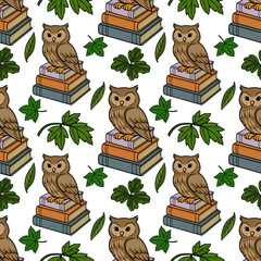 Seamless vector pattern with cute brown owls perched on stacks of colorful books and green leaves