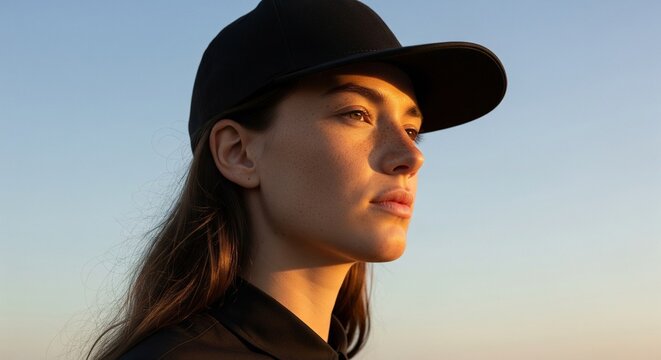 Close-up portrait of a young woman with a black baseball cap and dark shirt, bathed in warm golden