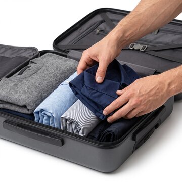 Man packing neatly folded clothes into a grey suitcase for travel preparation Silhouette