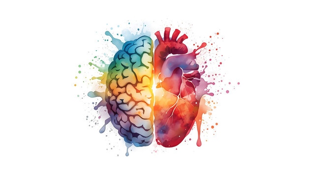 colorful brain merging with heart in watercolor splatter style, conceptual vector illustration for emotional intelligence and mental health balance