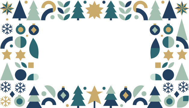 Minimalist Christmas border frame with geometric winter icons and pine trees.
