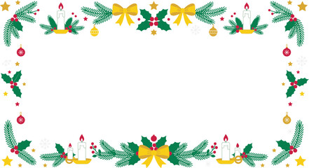 Fototapeta premium Festive Christmas border frame with holly branches candles and golden bows on white background.
