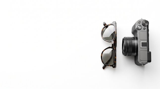 Stylish Tortoiseshell Sunglasses and Modern Digital Camera on a Clean White Background Silhouette