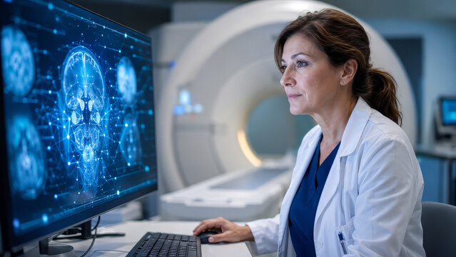 Generative AI image of radiologist analyzing 3D neural brain network for medical app background