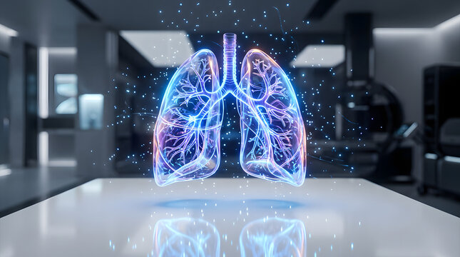 Purple neon holographic lungs in modern clinical research setting.