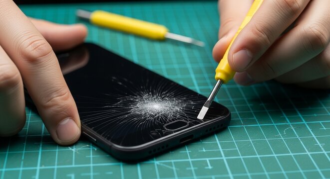 Close-up of hands using a tool to repair a smartphone with a cracked screen on a cutting mat