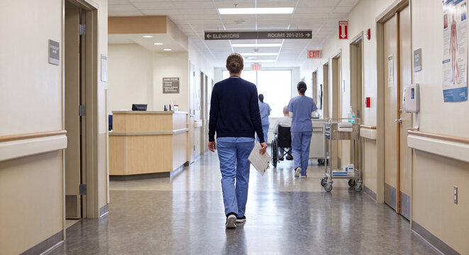 A person walking along a corridor in a hospital