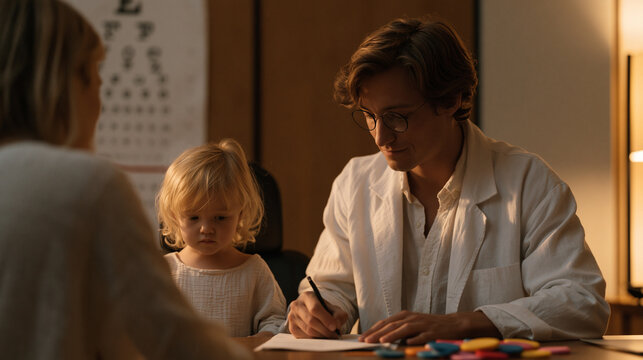 An optometrist writing a prescription over the shoulder view, a toddler in the examination chair mid-squirm, eye chart visible ahead, the parent leaning in from one side, the