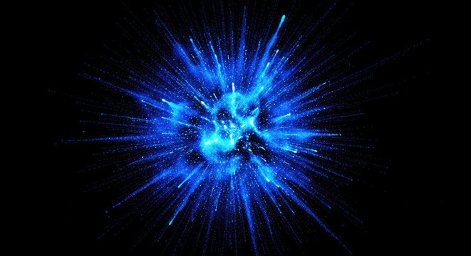 A brilliant blue explosion radiates outward from a central point. Intense blue light streams and particles burst in a dynamic, energetic display.
