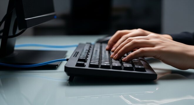Close-up of Person Typing on a Computer Keyboard with Hands on Keys in a Brightly Lit