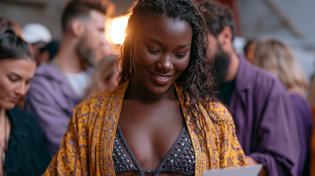 Plus size model surrounded by a group of stylists and creatives of various backgrounds backstage at a public fashion event, the crowded environment buzzing with energy as she