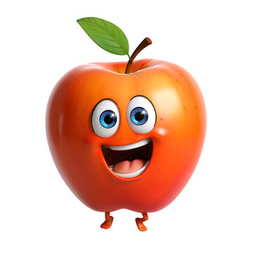 A cute red apple cartoon character with a happy face and big blue eyes smiling