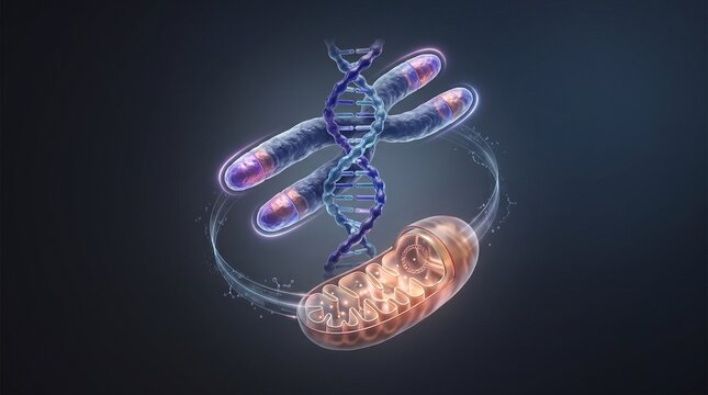 Premium contemporary 3D scientific visualization for a next-generation cellular longevity research technology, centered around the integrated relationship between human nuclear DNA, telomeres and mito